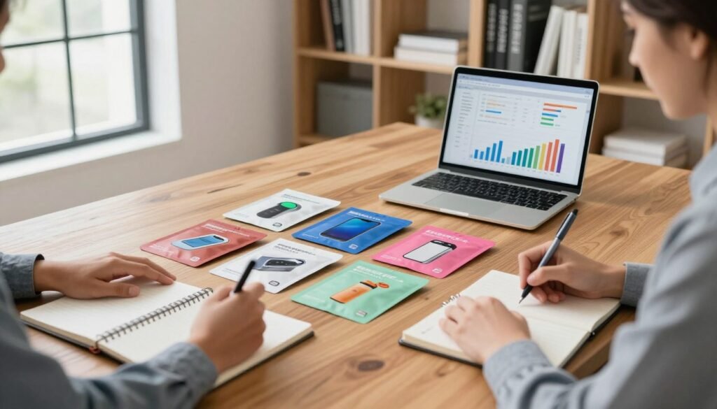 A business professional analyzing a selection of affiliate product samples on a sleek wooden desk, showcasing colorful product packaging such as tech gadgets, fitness items, and beauty products. In the foreground, the individual's hands take notes on a notepad, demonstrating careful consideration. The middle ground features a laptop displaying analytics graphs, emphasizing data-driven decisions. In the background, a well-lit modern office with bookshelves filled with marketing books and inspirational quotes, enhancing a focused atmosphere. The lighting is bright and natural, streaming in from a large window, creating an inviting yet serious mood. The angle is slightly overhead, capturing both the desk and the workspace effectively, illustrating the importance of recognizing red flags in product selection.