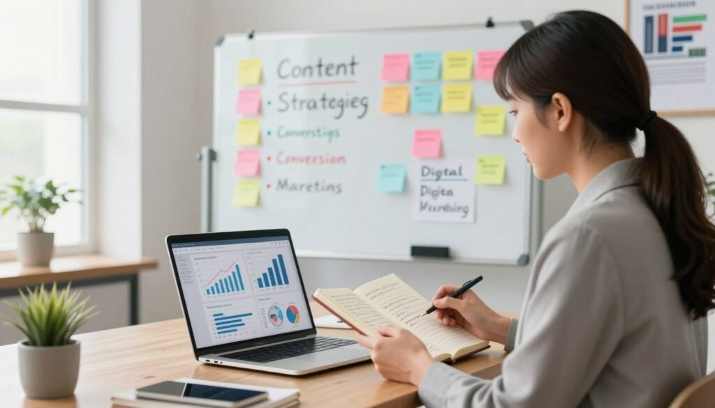 A modern, visually engaging workspace showcasing affiliate marketing strategies. In the foreground, a professional woman in business attire studies a laptop screen filled with analytics and graphs, holding a notebook filled with notes and ideas. In the middle, a large whiteboard is covered with colorful sticky notes and bullet points illustrating content strategies, conversion tips, and digital marketing concepts. The background features soft natural lighting streaming through a window, with minimalistic decor including potted plants and motivational posters. The atmosphere is energetic and focused, conveying a sense of productivity and creativity in the affiliate marketing field. A slight depth of field effect blurs the background to emphasize the active brainstorming session in the foreground.