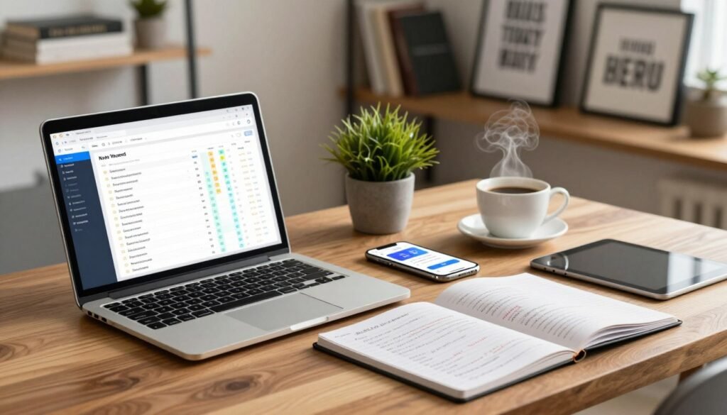 A modern workspace showcasing various keyword research tools on a sleek wooden desk. In the foreground, an open laptop displays a colorful keyword analysis dashboard, surrounded by notepads filled with marketing notes and a digital tablet. In the middle, there's a smartphone with SEO apps open, a cup of coffee steaming beside it, and a small potted plant adding a touch of greenery. In the background, soft-focus shelves hold marketing books and framed motivational quotes. The lighting is warm and inviting, creating a productive and innovative atmosphere. The overall mood is inspirational and professional, perfect for beginners diving into affiliate marketing.
