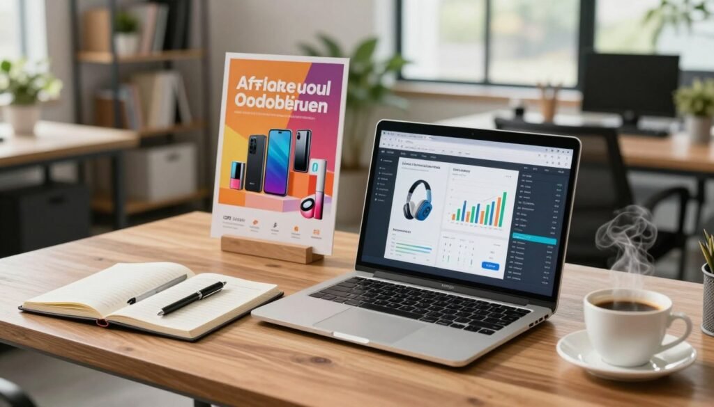 A professional workspace with a sleek wooden desk in the foreground, featuring a laptop displaying performance metrics and conversion graphs. Beside it, an open notebook filled with notes and two pens, with a cup of coffee steaming gently. In the middle ground, there's a vibrant poster or digital display of popular affiliate products like tech gadgets and beauty items arranged aesthetically. The background is softly blurred with a modern office setting, showcasing shelves filled with books and plants, illuminated by natural light filtering through large windows. The mood is analytical yet inspiring, suggesting productivity and focus on success. Use a slight overhead angle to capture depth and provide an engaging visual perspective.