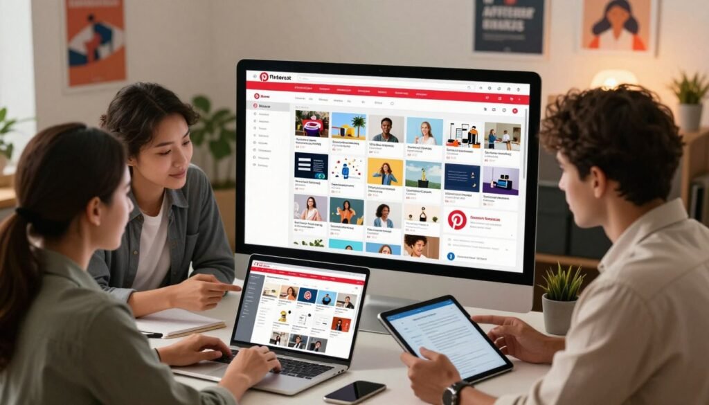 A vibrant scene showcasing a well-organized Pinterest board focused on affiliate marketing. In the foreground, a diverse group of three professionals—one woman and two men—wearing smart casual attire, are engaged in brainstorming with digital devices, analyzing pin images on a laptop and a tablet. The middle ground features a large, colorful Pinterest board filled with eye-catching, well-curated pins that highlight various products, tips, and visual elements related to affiliate marketing. In the background, a cozy office environment with motivational posters on the walls, soft lighting casting a warm glow, creating an inspiring and productive atmosphere. The camera angle captures the group from a slightly elevated perspective, bringing depth to the composition while emphasizing collaboration and creativity. A vibrant scene showcasing a well-organized Pinterest board focused on affiliate marketing. In the foreground, a diverse group of three professionals—one woman and two men—wearing smart casual attire, are engaged in brainstorming with digital devices, analyzing pin images on a laptop and a tablet. The middle ground features a large, colorful Pinterest board filled with eye-catching, well-curated pins that highlight various products, tips, and visual elements related to affiliate marketing. In the background, a cozy office environment with motivational posters on the walls, soft lighting casting a warm glow, creating an inspiring and productive atmosphere. The camera angle captures the group from a slightly elevated perspective, bringing depth to the composition while emphasizing collaboration and creativity.