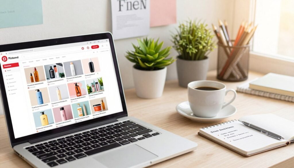 A visually appealing digital workspace showcasing Pinterest affiliate marketing strategies. In the foreground, an elegant laptop with an open Pinterest dashboard displaying vibrant, eye-catching pins featuring various products. To the right, a beautifully arranged coffee cup and a small notepad with bullet points outlining strategies for growing clicks, all focusing on a color palette of soft pastels and warm tones. The middle section includes a stylish office setting with green plants and motivational decor that promotes creativity. The background features a sunlit window, casting a gentle glow that enhances a productive atmosphere. The lens captures the scene from a slight overhead angle, creating a depth that invites the viewer into the workspace, evoking a sense of inspiration and professionalism. A visually appealing digital workspace showcasing Pinterest affiliate marketing strategies. In the foreground, an elegant laptop with an open Pinterest dashboard displaying vibrant, eye-catching pins featuring various products. To the right, a beautifully arranged coffee cup and a small notepad with bullet points outlining strategies for growing clicks, all focusing on a color palette of soft pastels and warm tones. The middle section includes a stylish office setting with green plants and motivational decor that promotes creativity. The background features a sunlit window, casting a gentle glow that enhances a productive atmosphere. The lens captures the scene from a slight overhead angle, creating a depth that invites the viewer into the workspace, evoking a sense of inspiration and professionalism.