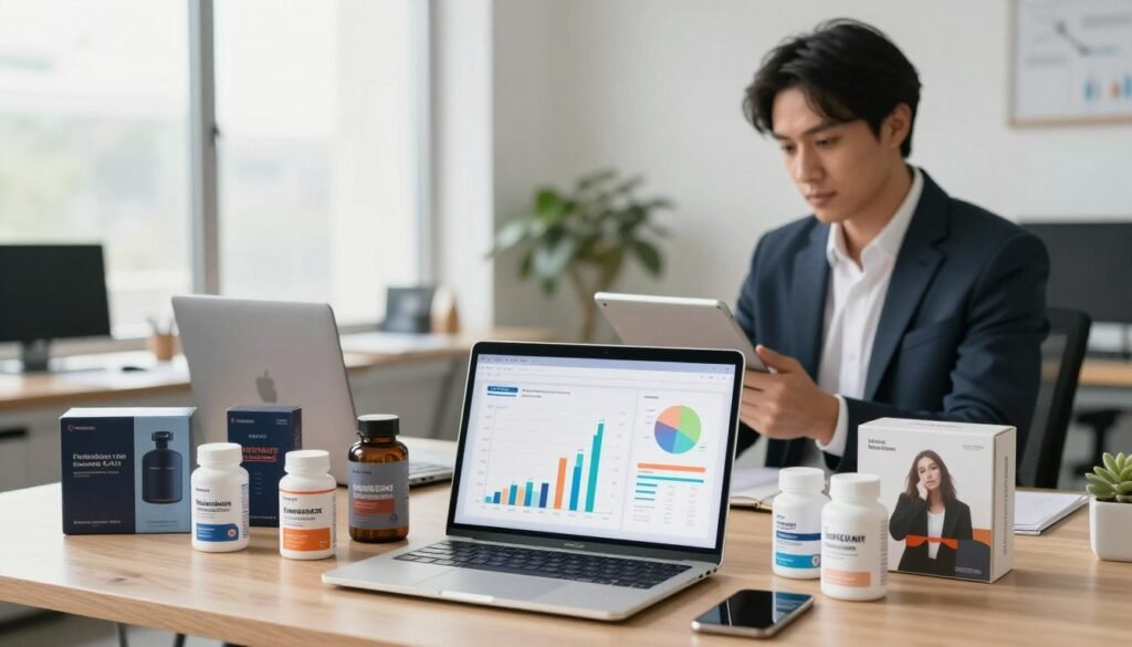 A visually captivating workspace scene showcasing a variety of affiliate products with high conversion rates. In the foreground, a sleek laptop displays analytical graphs and metrics, symbolizing performance tracking. Surrounding the laptop, neatly arranged are top-selling items such as electronics, health supplements, and stylish fashion accessories, highlighting diversity in product selection. The middle ground features a professional in business attire, analyzing data on a tablet, with a focused and determined expression, embodying the theme of optimization. The background shows a modern office with bright natural lighting filtering through large windows, enhancing the atmosphere of productivity and innovation. The overall mood is motivating and professional, emphasizing the importance of informed decision-making in product selection.