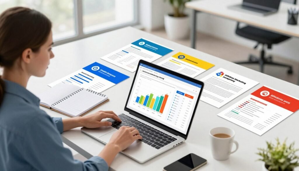 A visually engaging digital illustration comparing various affiliate marketing programs. In the foreground, a laptop displays a vibrant dashboard with colorful graphs and statistics on affiliate program performance. To the left, a confident business professional in smart casual attire analyzes the laptop, holding a notepad filled with notes. The middle ground features a sleek table with brochures of different affiliate programs spread out, showcasing their logos and features. The background consists of a bright, modern office space with large windows letting in natural light, providing an atmosphere of productivity and innovation. The scene is bright and inviting, captured from a slight overhead angle to emphasize the comparison of programs and the professional's evaluation process.