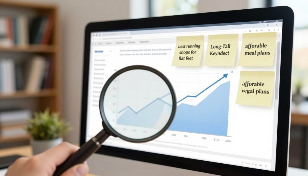 A visually engaging scene depicting the concept of long-tail keywords in the context of digital marketing. In the foreground, a magnifying glass is focused on a computer screen showing a graph with rising trends, symbolizing keyword research success. The middle ground features charts and sticky notes with various long-tail keywords, such as "best running shoes for flat feet" and "affordable vegan meal plans," illustrating low competition niches. The background includes a cozy office environment, with a blurred bookshelf filled with marketing books and a window revealing a bright, sunny day outside. Soft, natural lighting creates a warm atmosphere, while the angle captures a slightly elevated view, emphasizing the research process. The overall mood is professional and inspiring, reflecting an encouraging workspace for affiliates.