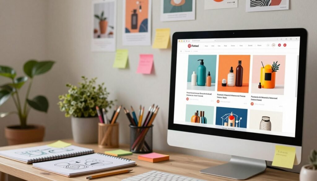 A visually striking Pinterest pin layout that showcases alluring design elements, featuring vibrant colors and eye-catching graphics. In the foreground, a computer screen displays stylish Pinterest pins, displaying high-quality images of products, alongside engaging graphics that emphasize creativity. The middle ground includes an aesthetically pleasing workspace, with a stylish desk adorned with design tools, sketchpads, and colorful sticky notes, while an inspiring indoor plant adds a touch of freshness. The background presents a softly blurred wall adorned with various pinned designs, creating a sense of depth. The lighting is warm and inviting, simulating a cozy creative studio atmosphere, captured with a shallow depth of field to focus on the pin layouts, evoking a mood of motivation and productivity. A visually striking Pinterest pin layout that showcases alluring design elements, featuring vibrant colors and eye-catching graphics. In the foreground, a computer screen displays stylish Pinterest pins, displaying high-quality images of products, alongside engaging graphics that emphasize creativity. The middle ground includes an aesthetically pleasing workspace, with a stylish desk adorned with design tools, sketchpads, and colorful sticky notes, while an inspiring indoor plant adds a touch of freshness. The background presents a softly blurred wall adorned with various pinned designs, creating a sense of depth. The lighting is warm and inviting, simulating a cozy creative studio atmosphere, captured with a shallow depth of field to focus on the pin layouts, evoking a mood of motivation and productivity.