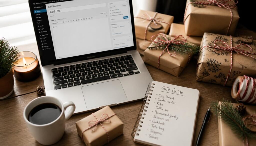  affiliate gift guide planning on a desk with wrapped gifts and laptop.