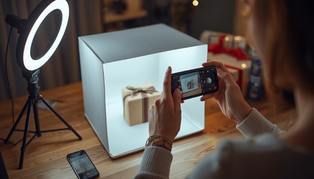 photographing products for an affiliate gift guide with a light box.