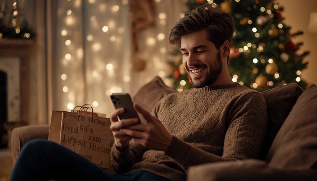  shopper reading an affiliate gift guide on his phone during the holidays.