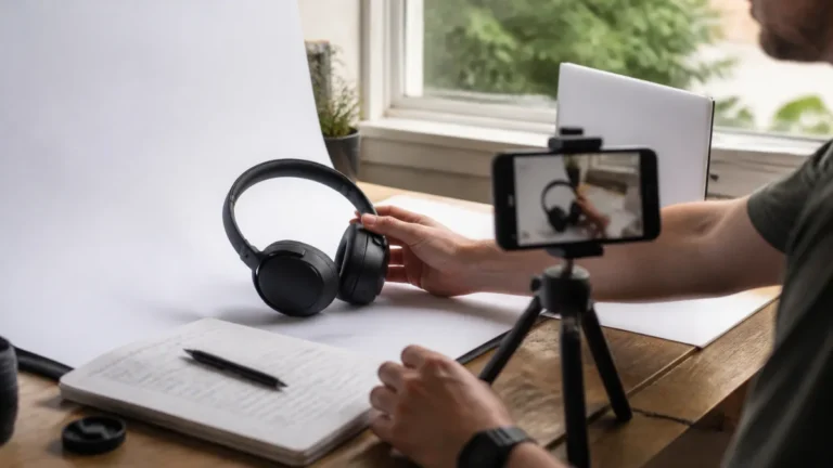 Affiliate product photography setup at home: a smartphone on a tripod shooting headphones on a white backdrop beside a window