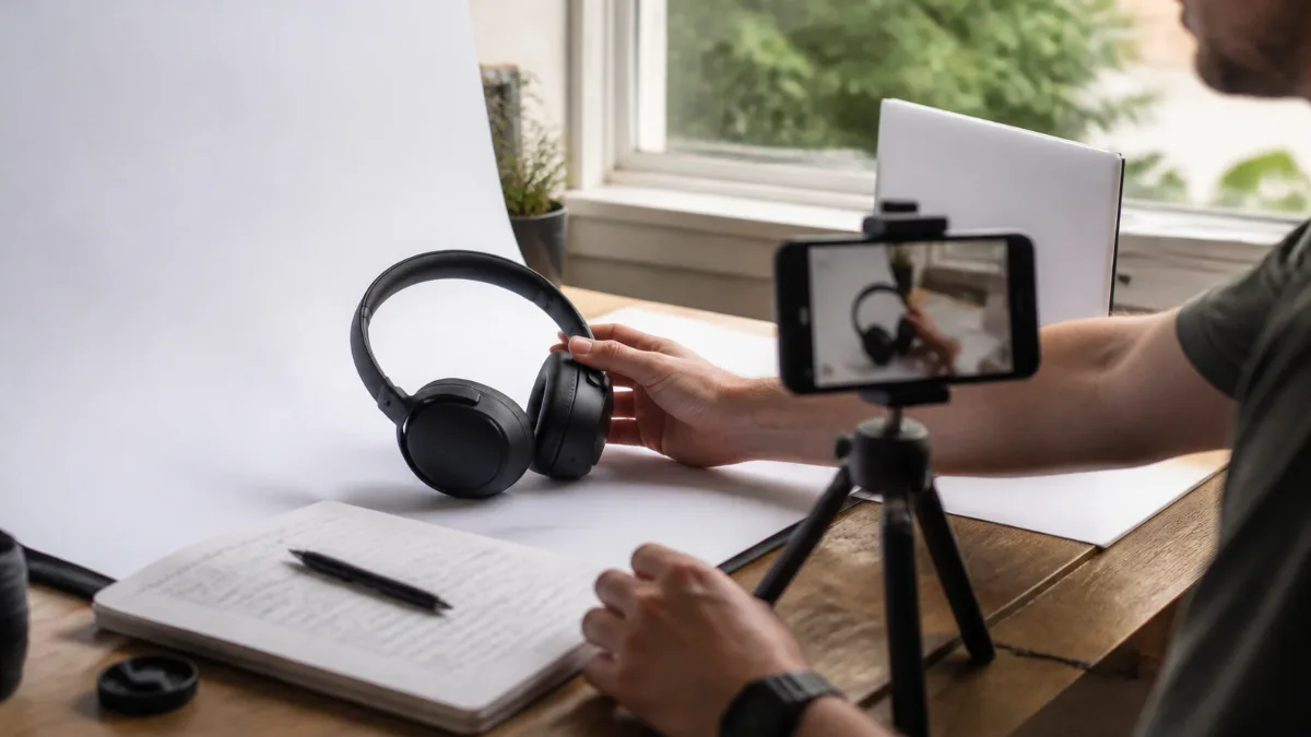 Affiliate product photography setup at home: a smartphone on a tripod shooting headphones on a white backdrop beside a window