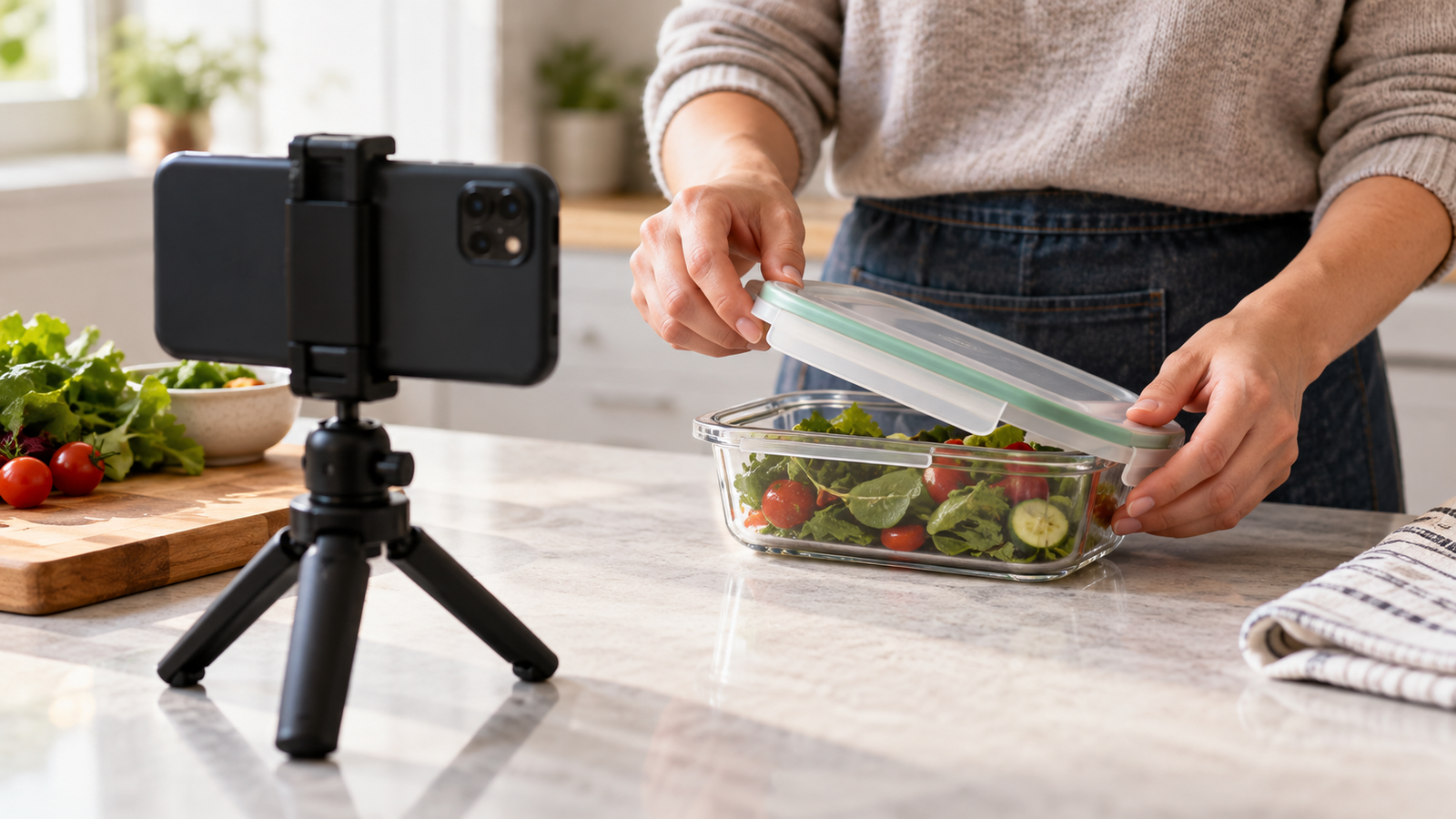 Phone filming a food-container demonstration for Amazon influencer program Canada content