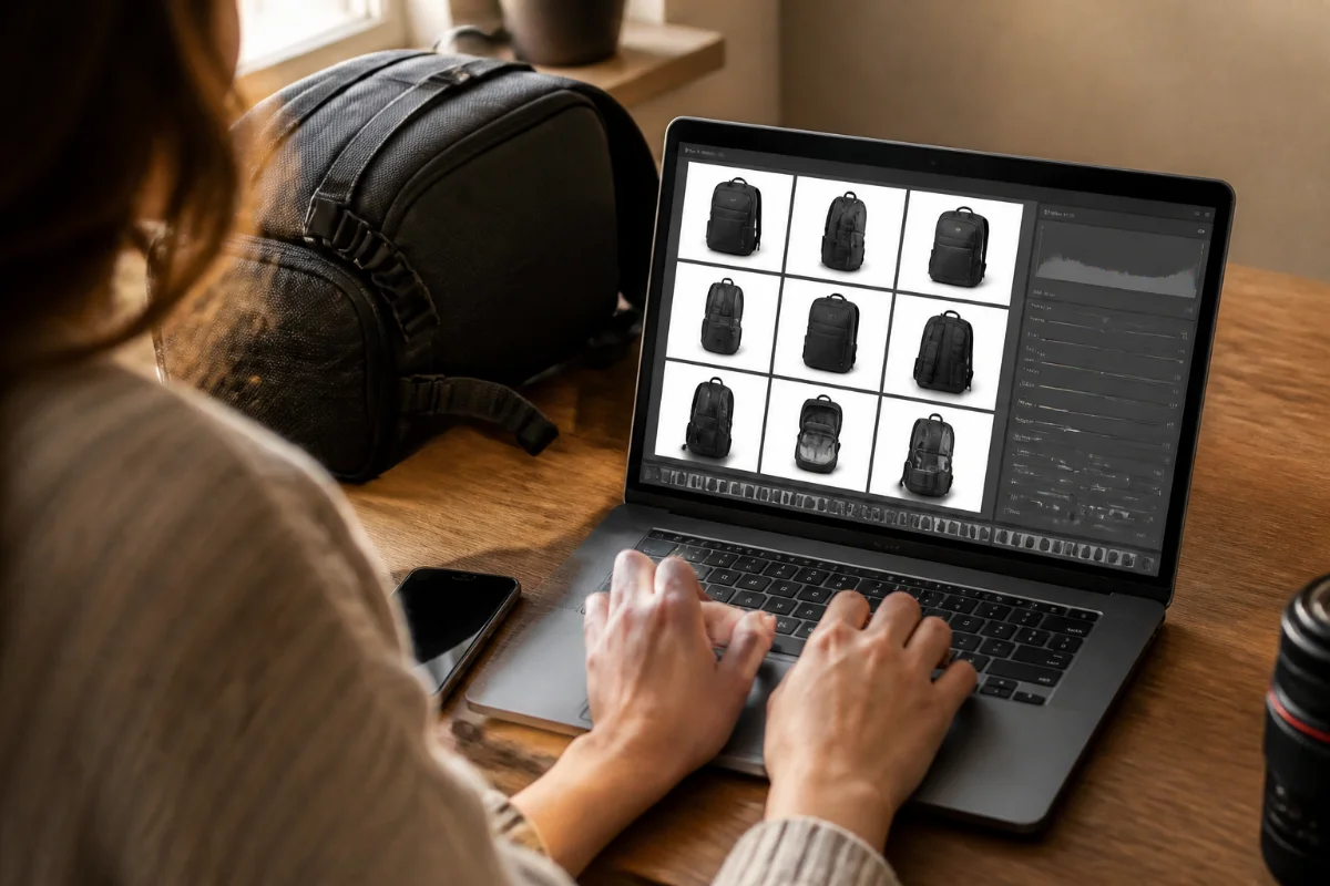 Blogger editing affiliate product photography of a backpack on a laptop, with the backpack and a smartphone on the desk