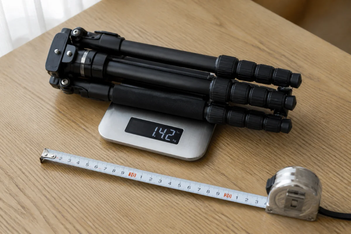 Folded black travel tripod on a digital kitchen scale reading 1.42 kg next to an extended tape measure