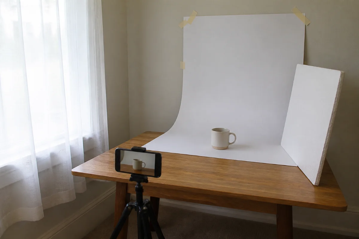Window-light product photo setup with a sheer curtain, curved white poster board backdrop, foam board reflector, and a phone on a tripod